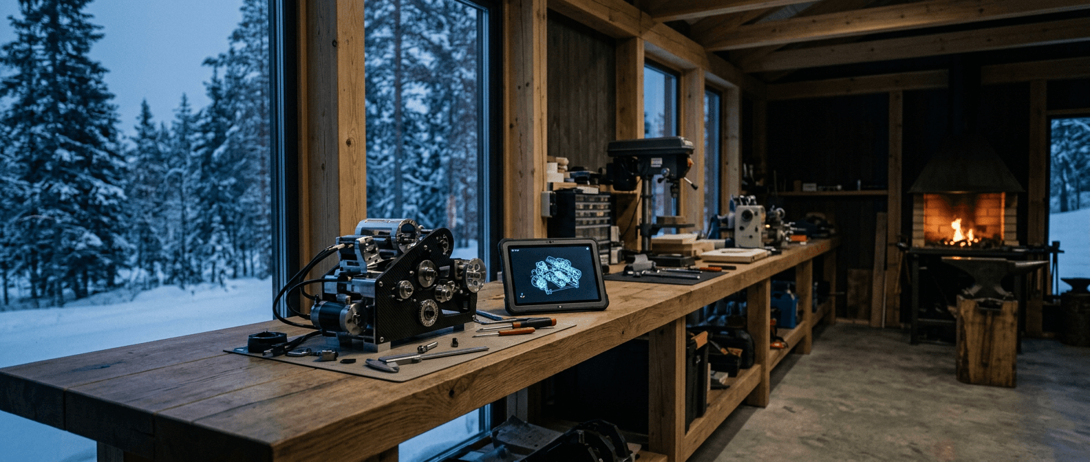 A half-finished precision prototype in machined aluminium on an oak workbench in a Nordic workshop at dusk, a tablet showing a simulation beside it