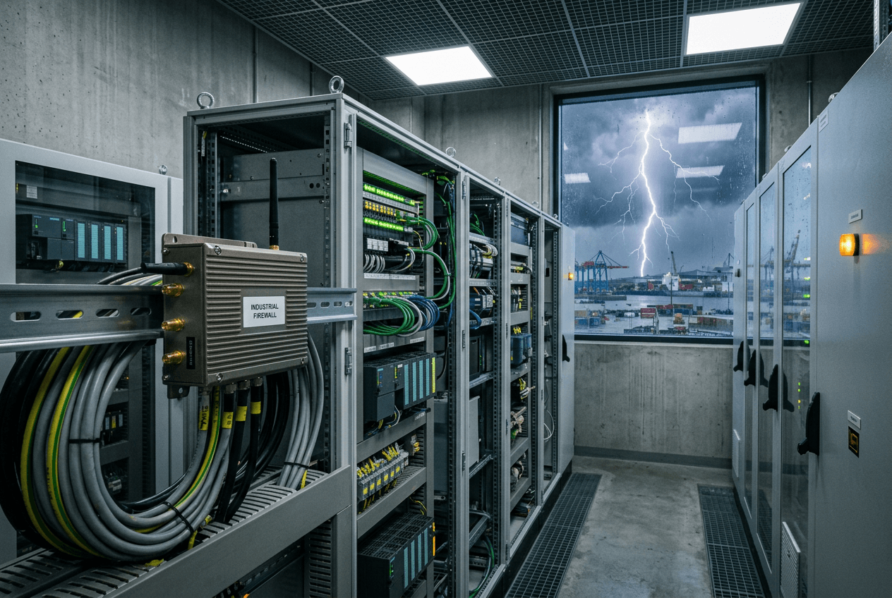 An industrial control cabinet room, orderly and calm, with a storm and lightning over a harbour visible through the window behind